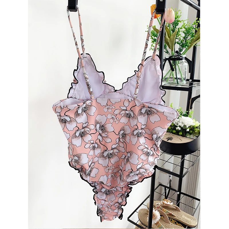 Женский слитный купальник с цветочным принтом и V-образным вырезом лето 2020