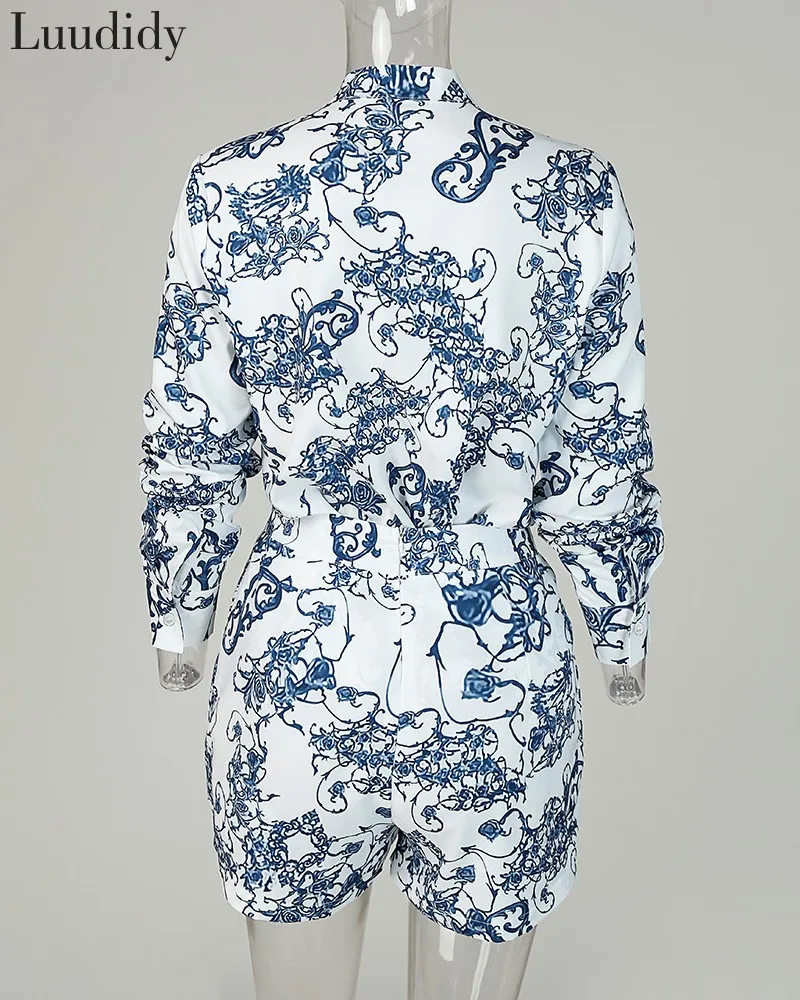 Women Print 2pcs Set Turn-down Collar Long Sleeve Casual Office Shirt and Shorts Suits 
Women Print 2pcs Set Turn-down Collar Long Sleeve Casual Office Shirt and Shorts Suits