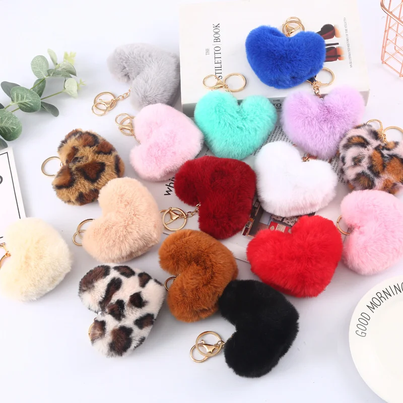 

New Keychain Love Hair Ball Keychain Imitation Rex Rabbit Fur Peach Heart School Bag Pendant Car Jewelry Ornaments Wholesale