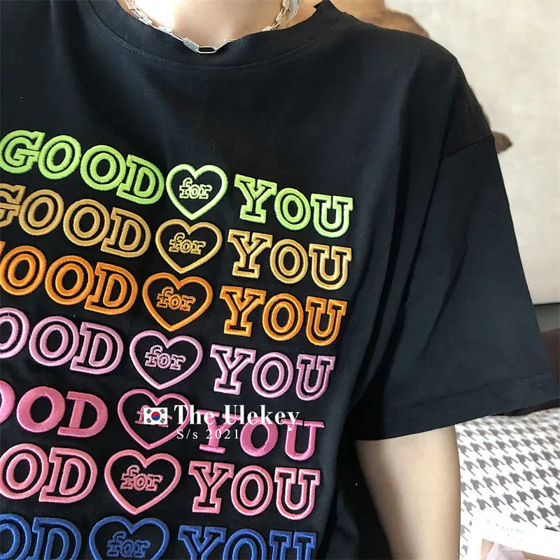 Niche Design Colorful Letter Embroidery T Shirts Korean Brand T Shirt O-neck Short Sleeve Summer Tops Streetwear Woman Tshirts
Niche Design Colorful Letter Embroidery T Shirts Korean Brand T Shirt O-neck Short Sleeve Summer Tops Streetwear Woman Tshirts