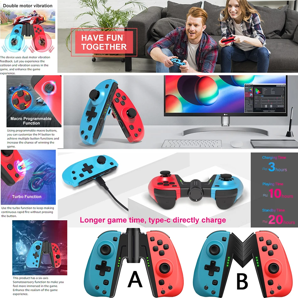Wireless Controller for Nintendo Joycons Switch, Macro Button/Turbo/Vibration/Motion Functions, L/R Switch Controller Joypad
Wireless Controller for Nintendo Joycons Switch, Macro Button/Turbo/Vibration/Motion Functions, L/R Switch Controller Joypad