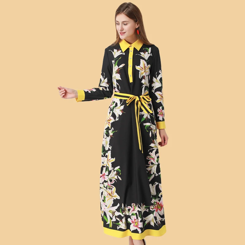 Designer Spring Autumn Woman Long Sleeve Lapel Lily Print Maxi Elegant belt Female Banquet Holiday Dresses Black Robe New
Designer Spring Autumn Woman Long Sleeve Lapel Lily Print Maxi Elegant belt Female Banquet Holiday Dresses Black Robe New