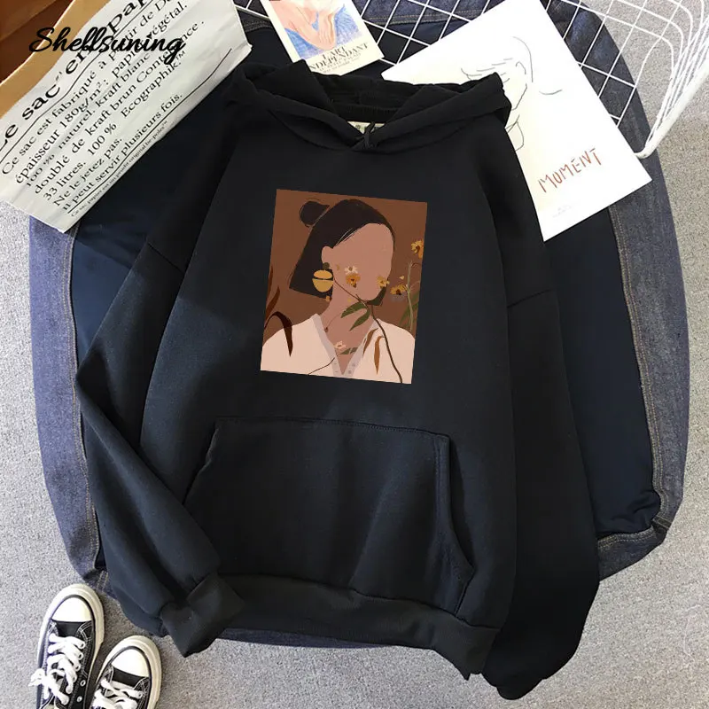 

Shellsuning Aesthetic Printed Hoodies Women Vintage Character Painting Graphic Hooded Sweatshirts Loose Streetwear Female Tops