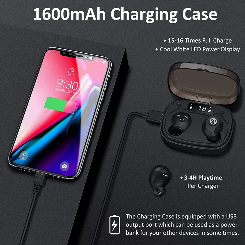 TWS Bluetooth 5.0 Wireless Earbuds with 1600MAh Charging Case,Press Control Earphones Earbuds for Running Sports
TWS Bluetooth 5.0 Wireless Earbuds with 1600MAh Charging Case,Press Control Earphones Earbuds for Running Sports
