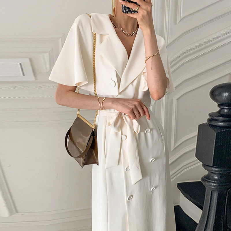 Korejpaa Women Dress 2021 Summer Korean Chic French Temperament Suit Collar Detachable Shawl Double-Breasted Lce-Up Vestidos 
Korejpaa Women Dress 2021 Summer Korean Chic French Temperament Suit Collar Detachable Shawl Double-Breasted Lce-Up Vestidos