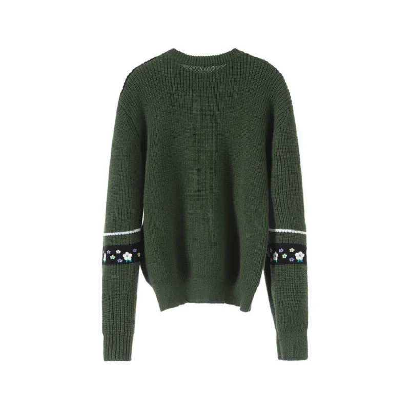 Зима 2020 женский новый свободный зеленый вязаный свитер с цветочной вышивкой