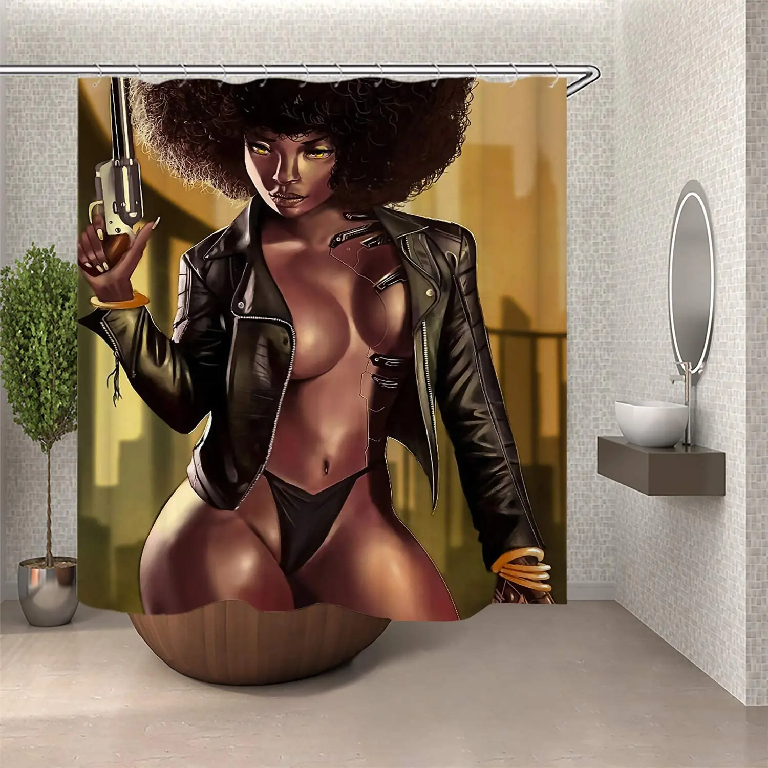 Cool Afro Woman Sexy African American Woman Take Gun Brown Skin,Bath Curtain
Cool Afro Woman Sexy African American Woman Take Gun Brown Skin,Bath Curtain
