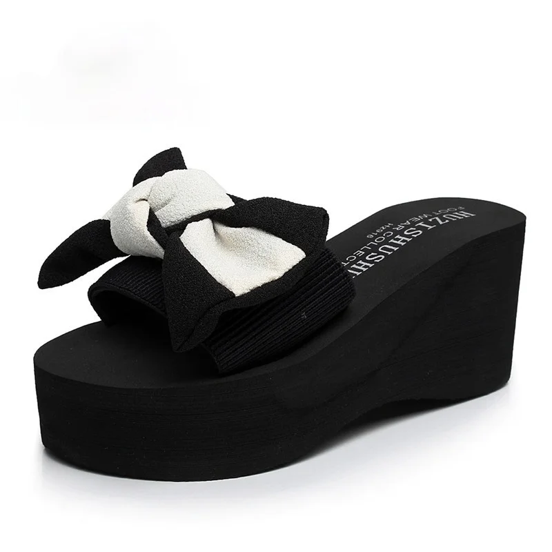 

Summer Wear High-Heeled Slope-Heel Slippers Women's Shoes Fashion Soft Bow-Knot One-Word Drag Thick-Soled Outdoor Beach Sandals