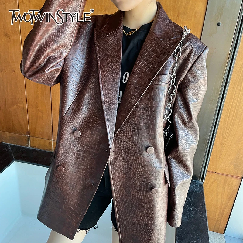 TWOTWINSTYLE Vintage PU Leather Brown Blazers For Women Notched Collar Long Sleeve Solid Jackets Female Korean Fashion Clothing
TWOTWINSTYLE Vintage PU Leather Brown Blazers For Women Notched Collar Long Sleeve Solid Jackets Female Korean Fashion Clothing