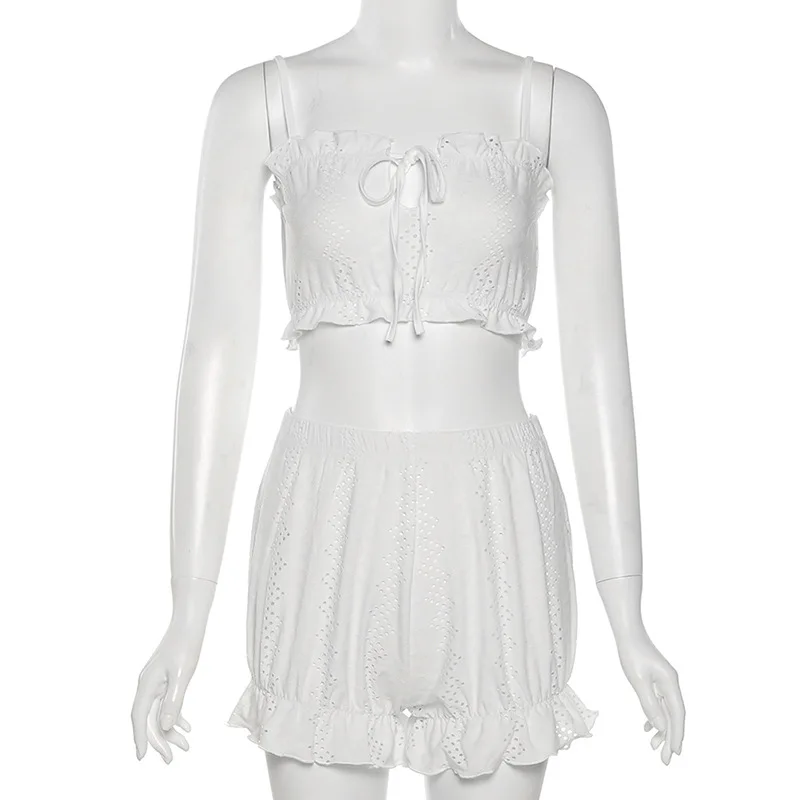 Fashstreet Casual Solid Hollow Out Two Piece Set Women Sexy Bandage Ruffle Slim Camisole And High Waist Loose Folds Shorts Suit
Fashstreet Casual Solid Hollow Out Two Piece Set Women Sexy Bandage Ruffle Slim Camisole And High Waist Loose Folds Shorts Suit