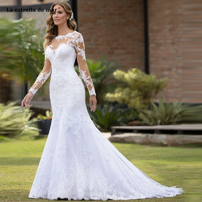 Mermaid wedding dress long sleeve SCOOP neck tulle applique beach bride gown Muslim Sweep Train vestido de festa de casamento
Mermaid wedding dress long sleeve SCOOP neck tulle applique beach bride gown Muslim Sweep Train vestido de festa de casamento