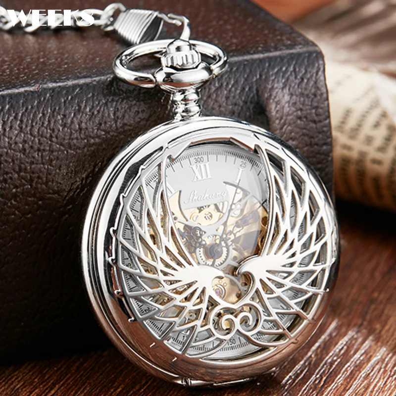 

Roman Numeral Hollw Sliver Wings Mechanical Pocket Watch Luxury Steampunk Skeleton Engraved Fob Chain Clock for Men Collection