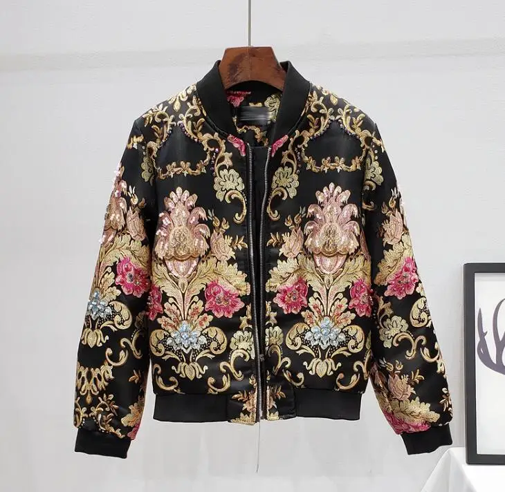 Women's autumn winter casual loose jacquard beaded black baseball jacket female high waist plus size flower print outwear TB877
Women's autumn winter casual loose jacquard beaded black baseball jacket female high waist plus size flower print outwear TB877