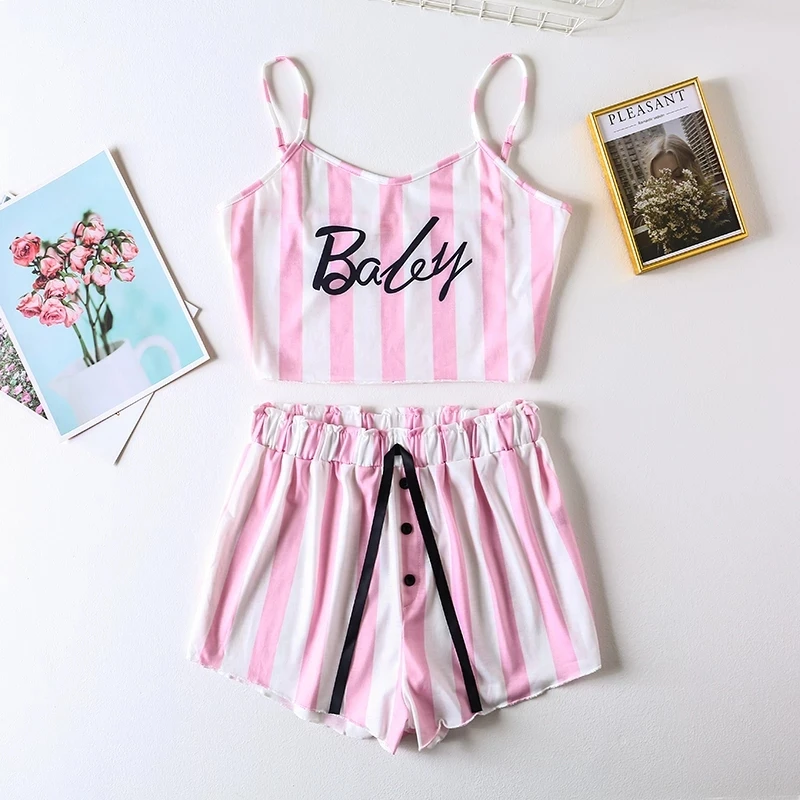 Women's Pajamas Summer Striped Letter Printing Sleeveless Off-Shoulder Tee and Shorts Cute Pink Sleepwear 2 Piece Set Homewear
Women's Pajamas Summer Striped Letter Printing Sleeveless Off-Shoulder Tee and Shorts Cute Pink Sleepwear 2 Piece Set Homewear