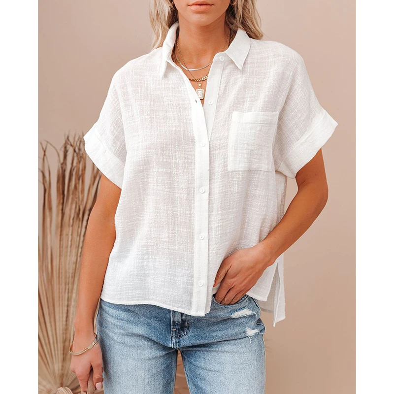 Wholesale Solid Color Top Women Short Sleeve T-shirt Button Cardigan Pocket Tops Women T Shirt Casual Summer Trend White Blouse
Wholesale Solid Color Top Women Short Sleeve T-shirt Button Cardigan Pocket Tops Women T Shirt Casual Summer Trend White Blouse