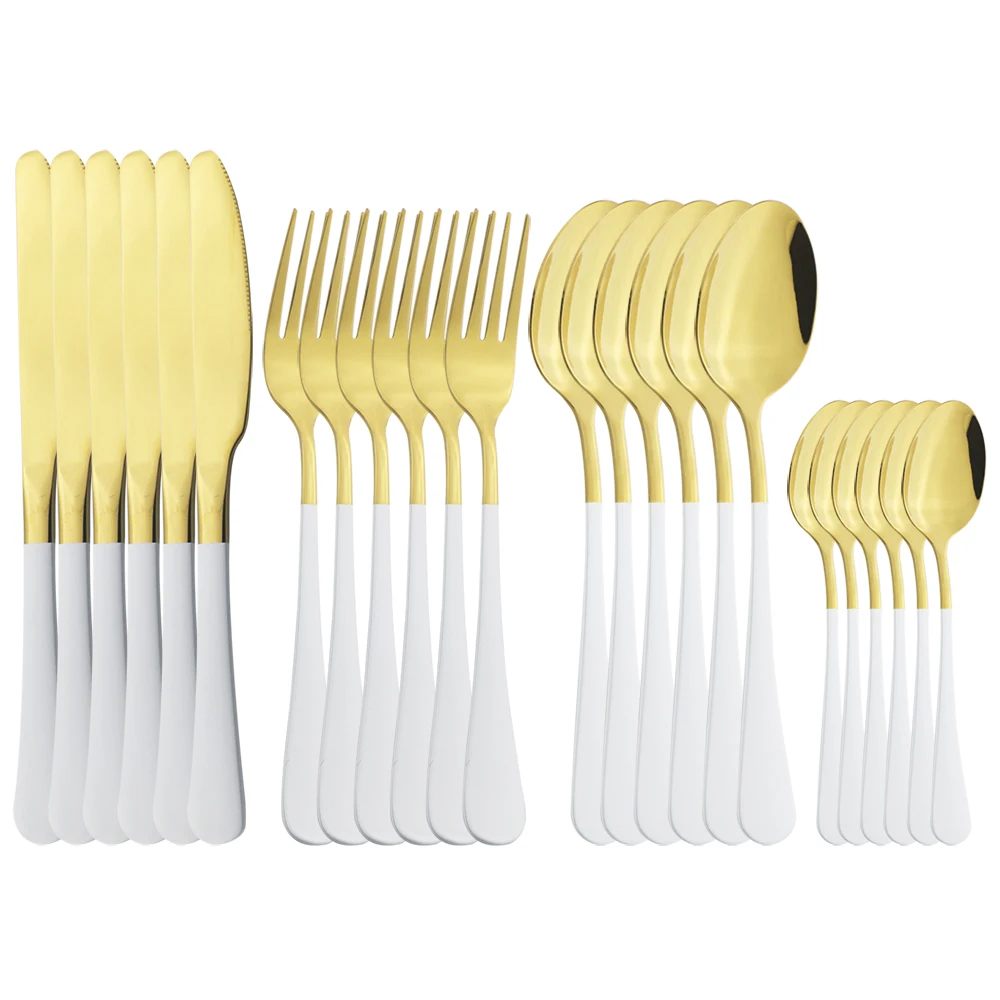 

6Set/24Pcs White Gold Dinnerware Cutlery Set Stainless Steel Silverware Knives Forks Coffee Spoon Flatware Kitchen Tableware Set
