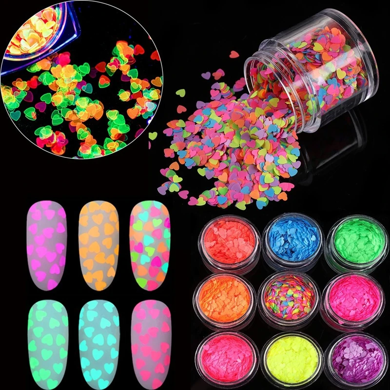 Nail Art Sequins Heart Shaped Flakes 3D Glitter Holographic Art Glow In Dark Manicure Decor Fluorescence Luminous Nail Glitter
Nail Art Sequins Heart Shaped Flakes 3D Glitter Holographic Art Glow In Dark Manicure Decor Fluorescence Luminous Nail Glitter
