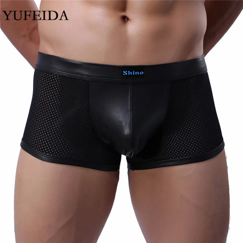 Фото YUFEIDA мужское нижнее белье боксеры мужские шорты из искусственной кожи сетчатые