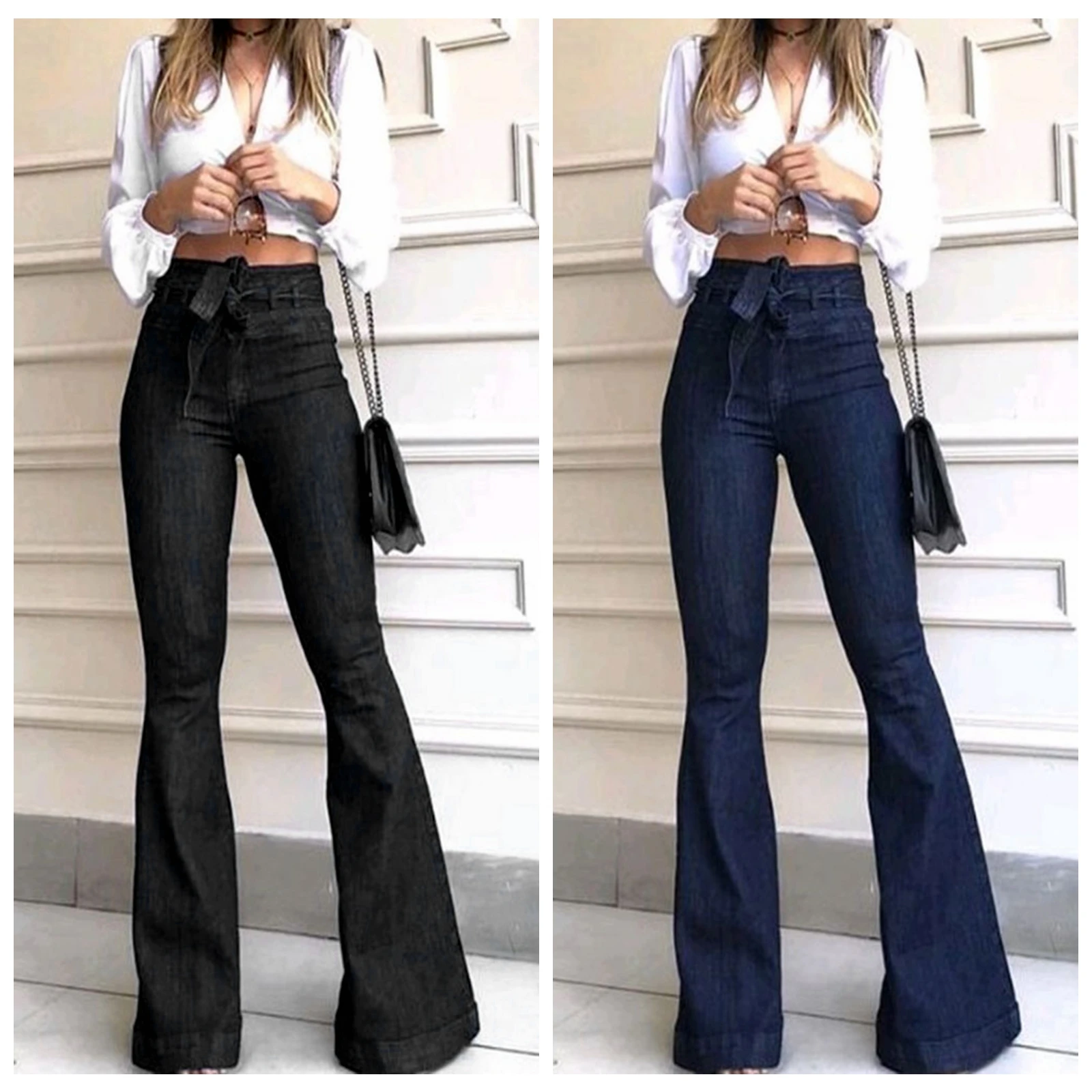 Women's Solid Color Long Jeans, Lace-up Waistband High Waist Flared Long Trouser for All Seasons
Women's Solid Color Long Jeans, Lace-up Waistband High Waist Flared Long Trouser for All Seasons