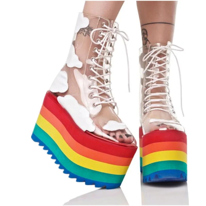 

New Pvc Transparante Vrouwen Enkellaarsjes Regenboog Platform Schoenen Lace-Up Bodem Platte Schoenen Zomer Hoogte Party Schoenen