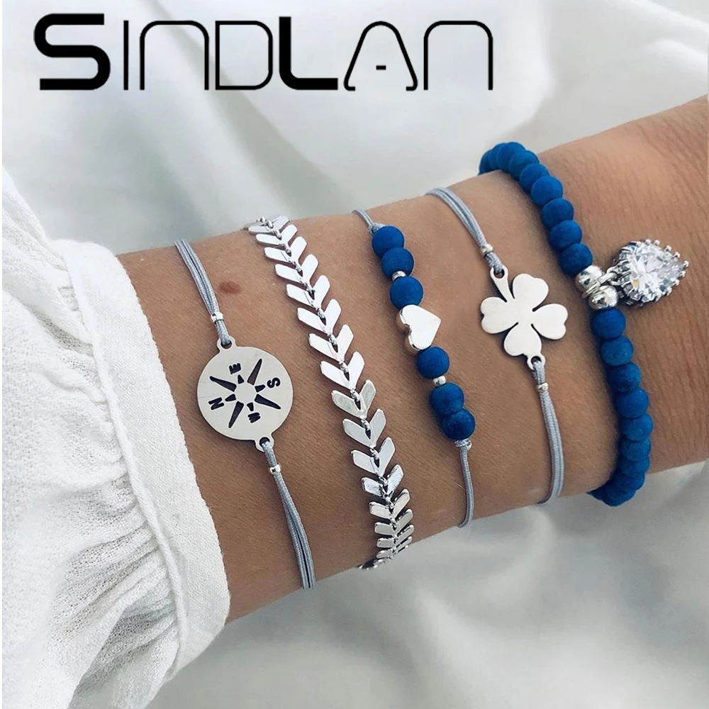 Sindlan 5 шт. богемные синие бусины плетеные браслеты для женщин очаровательные