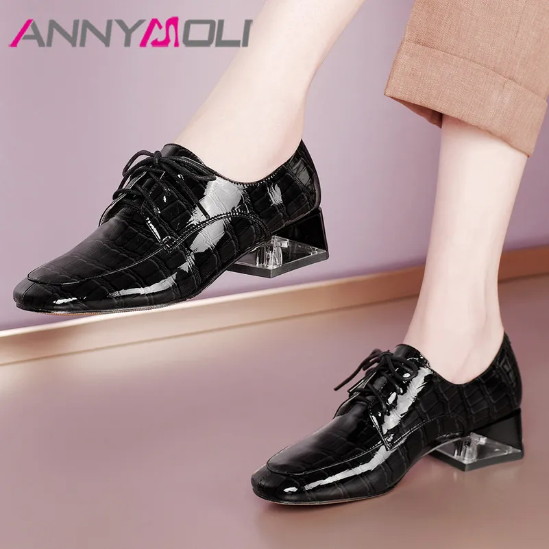 

ANNYMOLI Square Toe Med Heels Women Shoes Genuine Leather Block Heel Pumps Cross Tied Dress Footwear Female Spring Beige Size 41