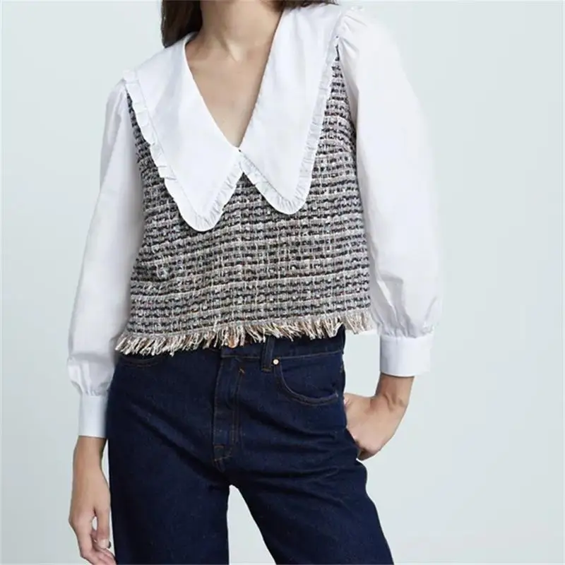 MESTTRAF Women 2021 Fashion Patchwork Tweed Blouses Vintage Peter Pan Collar Frayed Hem Female Shirts Streetwear
MESTTRAF Women 2021 Fashion Patchwork Tweed Blouses Vintage Peter Pan Collar Frayed Hem Female Shirts Streetwear