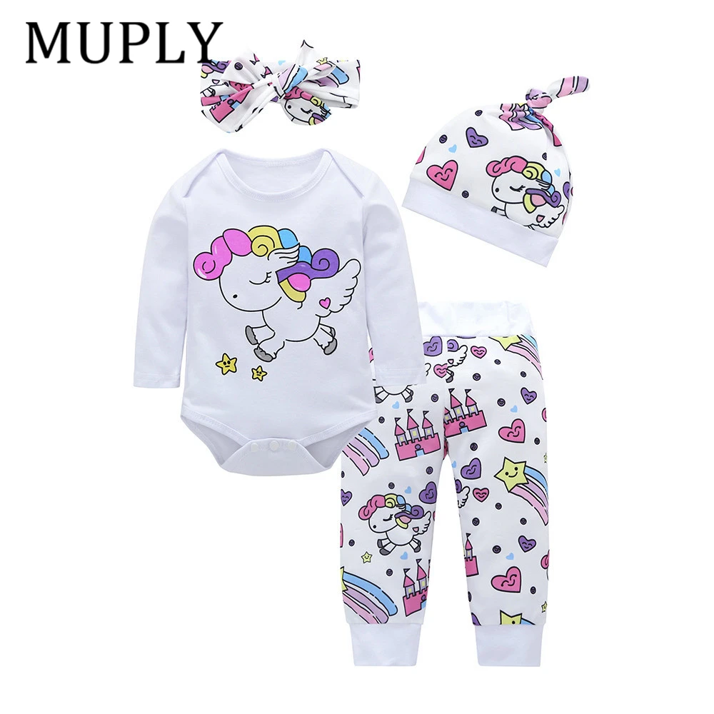 

Newborn Baby Girl Clothes Sets Unicorn Pegasus Star Castle Tops+Pants+Hat+Headband 4PCS For Infant Baby Boys Clothing Outfits