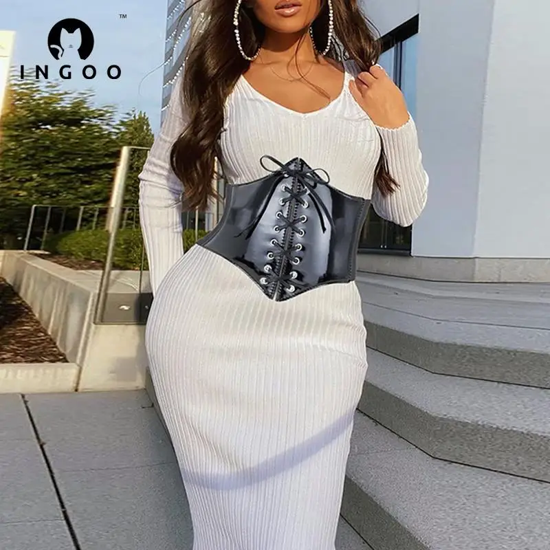 INGOO Autumn Sexy U Neck Backless Ribbed Bodycon Midi Dress With Black Lace Up Corset Belt Women Long Sleeve Fashion Streetwear
INGOO Autumn Sexy U Neck Backless Ribbed Bodycon Midi Dress With Black Lace Up Corset Belt Women Long Sleeve Fashion Streetwear
