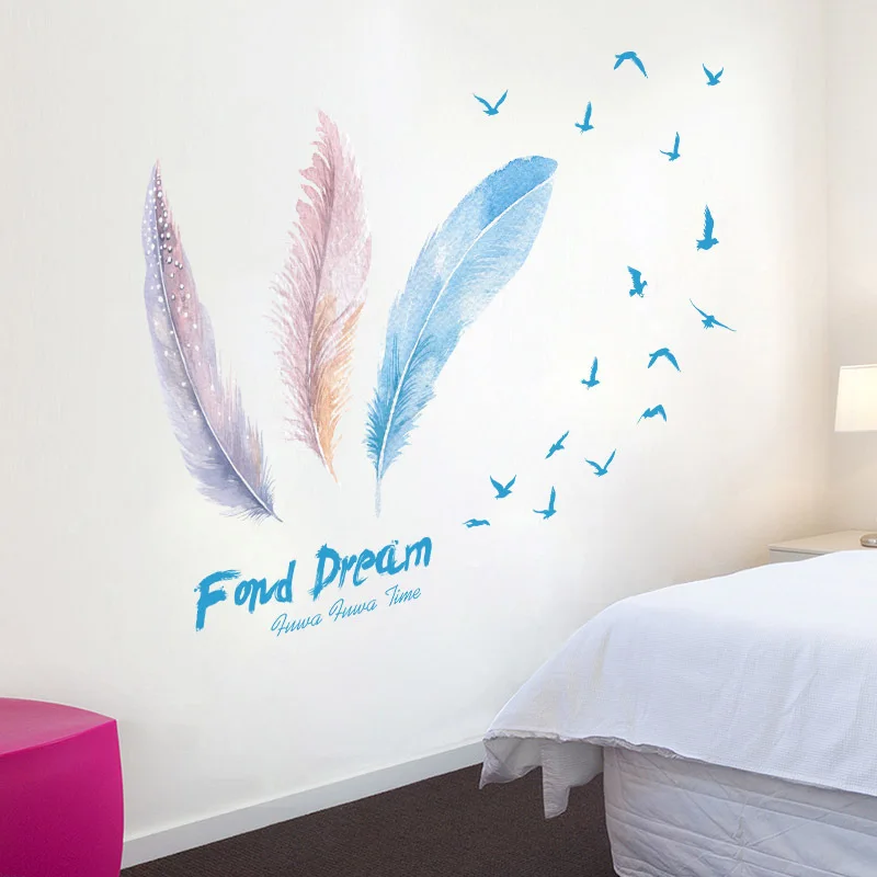 Новые Романтические красочные настенные наклейки с перьями для спальни декор