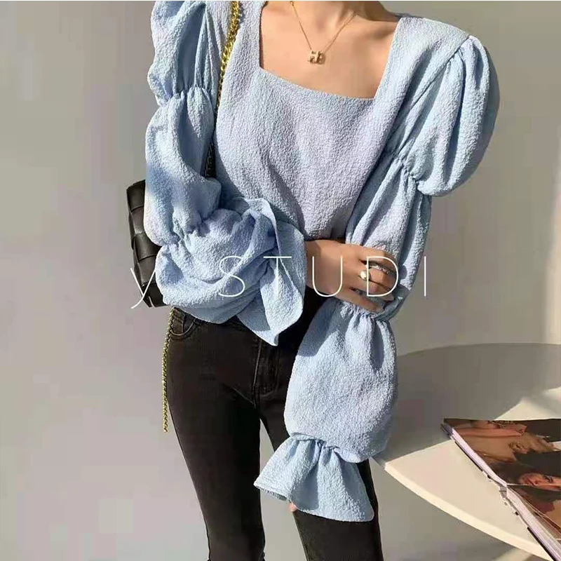 

RUGOD 2021 Sweet and super fairy French retro slimming square neck pleated puff sleeve shirt age reduction long-sleeved shirt wo