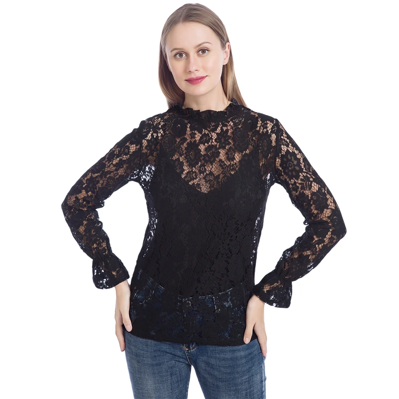 Блузка женская с расклешенным рукавом ажурный топ модная рубашка винтажным