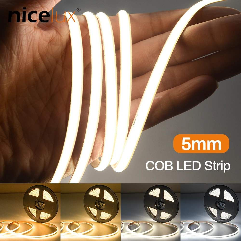 New Flexible COB LED Strip Light Dimmable FOB Super Slim 5mm 480 Leds/m High Density DC 12V 24V Tape White Strips Lights Linear
New Flexible COB LED Strip Light Dimmable FOB Super Slim 5mm 480 Leds/m High Density DC 12V 24V Tape White Strips Lights Linear
