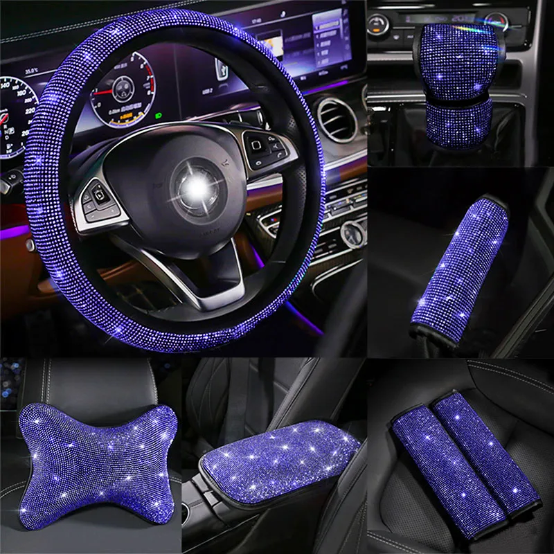 

Crystal Blue Diamond Auto Car Steering Wheel Covers Handbrake Gear Cover Seat Belt Shoulder Headrest Pad Car Interior Accessorie