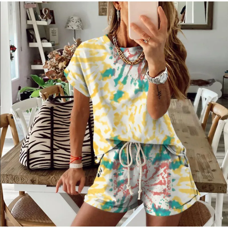 2021 Women Summer Suit Tie Dye Short Sleeve Top Shirt Loose Drawstring Shorts Casual Two Piece Set Streetwear Outfits Tracksuits
2021 Women Summer Suit Tie Dye Short Sleeve Top Shirt Loose Drawstring Shorts Casual Two Piece Set Streetwear Outfits Tracksuits