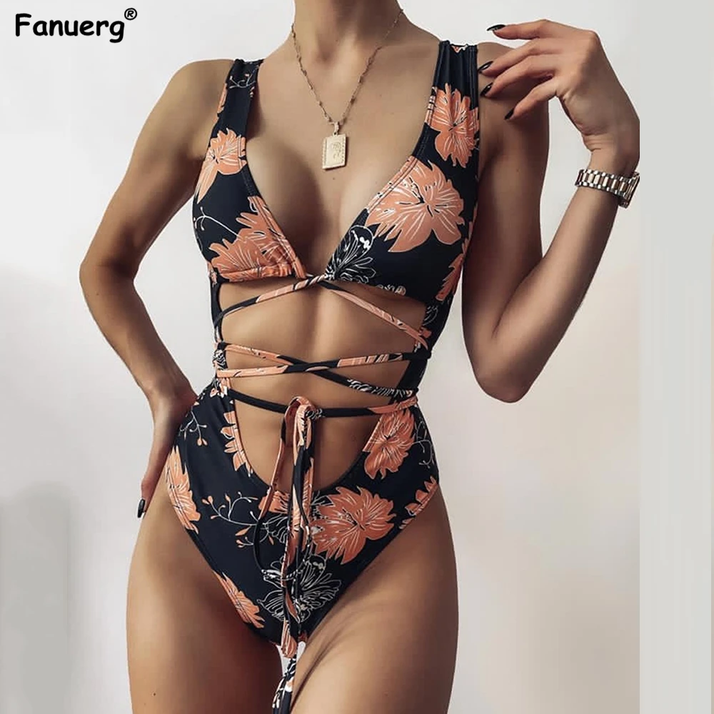 

Fanuerg Women Sexy Criss Cross Tie Knot Front Cutout One Piece Swimsuit Deep V Neck Swimwear Vintage Floral Print Bathing Suits