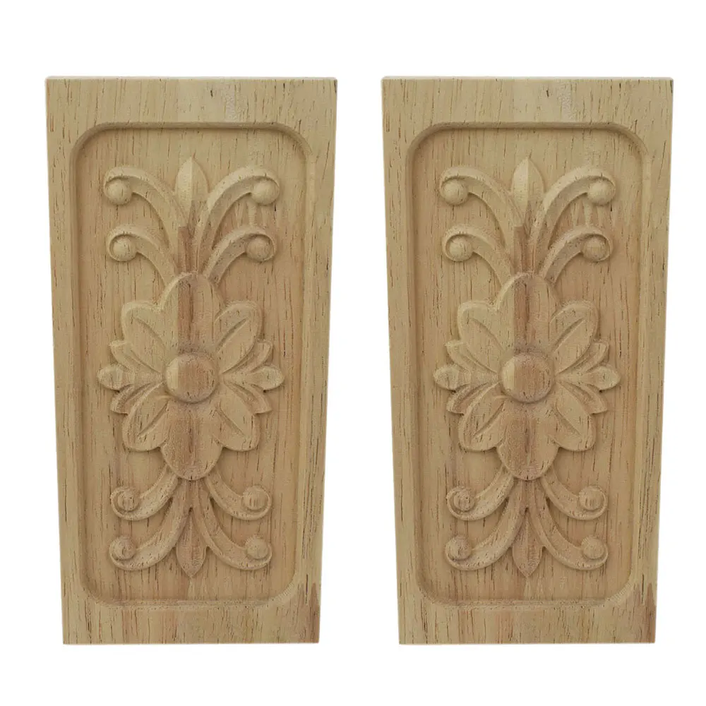 

2Pcs Woodcarving Floral Decoration Rectangle Wood Applique Unpainted Wood Carved Door Bed Furniture Cabinet Figurine Accessories
