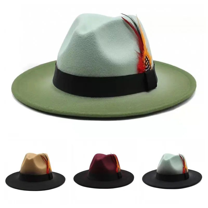 New matching color gradient feather jazz hat Lady's woolen tweed top hat Men's and women's outdoor woolen felt hat
New matching color gradient feather jazz hat Lady's woolen tweed top hat Men's and women's outdoor woolen felt hat