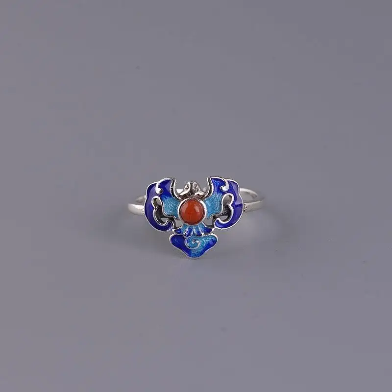 

South Red Ring Female S925 Sterling Silver Vintage Chinese Cloisonne Graceful and Fashionable Open Burning Blue Bat Agate Ring