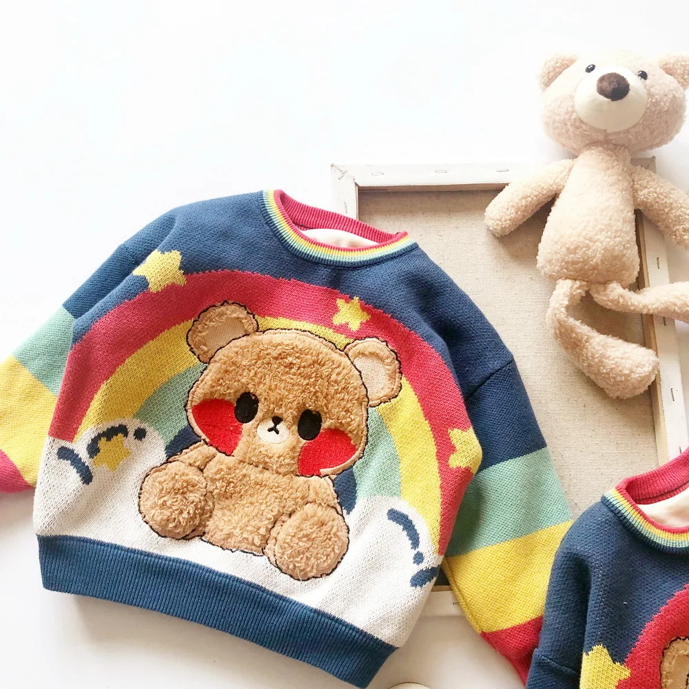 Children's Clothing Winter New Baby Girls Boys Cartoon Thicken Sweater Cute Rainbow Stripes Bear Plus Velvet Kids Knit Sweaters
Children's Clothing Winter New Baby Girls Boys Cartoon Thicken Sweater Cute Rainbow Stripes Bear Plus Velvet Kids Knit Sweaters