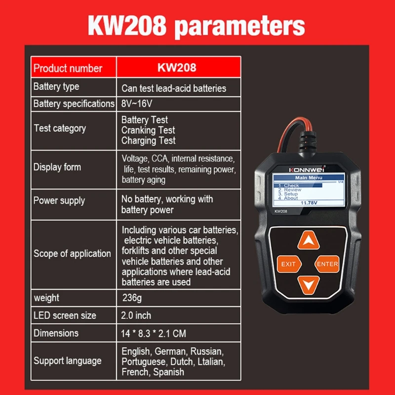 KW208 Car Battery Tester Charger Analyzer 12V 100-2000CCA Charging System Test Automotive Battery Capacity Tester
KW208 Car Battery Tester Charger Analyzer 12V 100-2000CCA Charging System Test Automotive Battery Capacity Tester