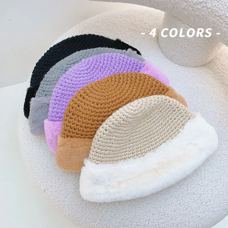 Hat women's autumn and winter thickened woolen knitted fisherman hat Baotou cap imitation fur warm | Аксессуары для одежды