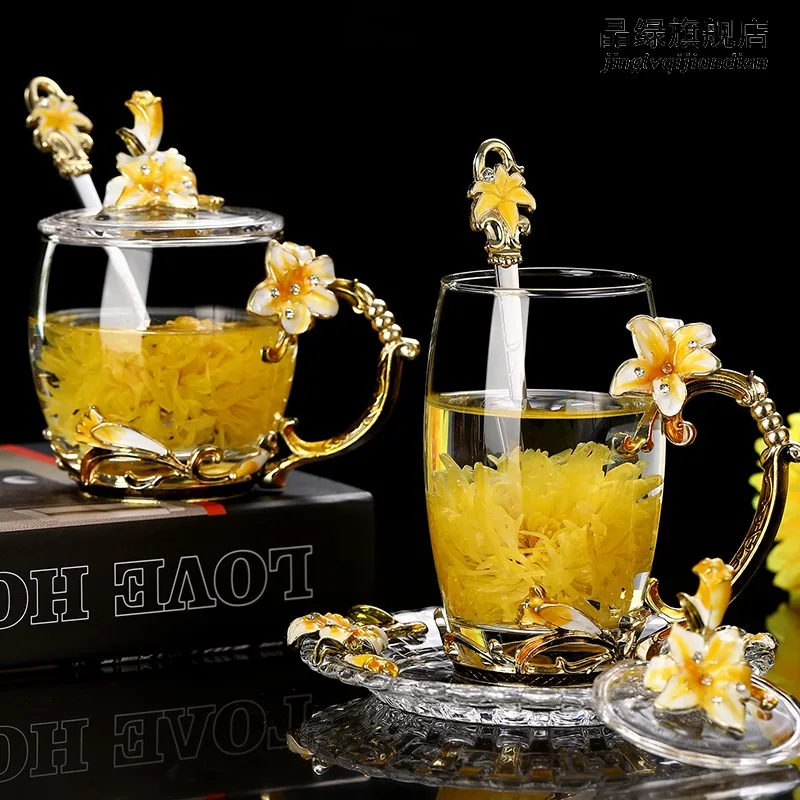 Red yellow lily Enamel Crystal Cup Flower Tea Glass High-grade Glass Cup Flower Mug with Handgrip Perfect Gift For Lover Wedding
Red yellow lily Enamel Crystal Cup Flower Tea Glass High-grade Glass Cup Flower Mug with Handgrip Perfect Gift For Lover Wedding