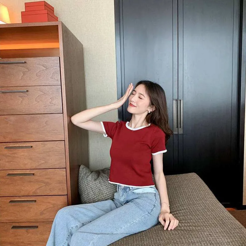 Women Summer Round Neck Knitted Basic Tshirt Knitted Ladies Casual Tee Shirt Femme Top Preppy Style 
Women Summer Round Neck Knitted Basic Tshirt Knitted Ladies Casual Tee Shirt Femme Top Preppy Style