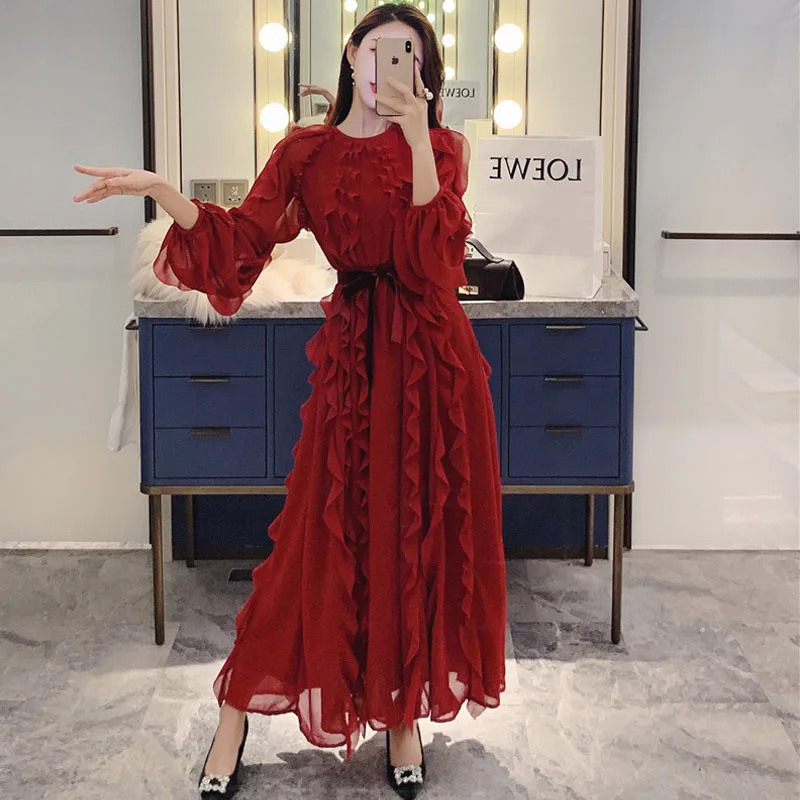 Vintage Wine Red Ruffles Dress Women O-Neck Long Sleeve High Waist Belt Bow Ruched Chiffon Dress Female Elegant Long Party Dress
Vintage Wine Red Ruffles Dress Women O-Neck Long Sleeve High Waist Belt Bow Ruched Chiffon Dress Female Elegant Long Party Dress