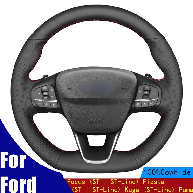 

Car Steering Wheel Cover Black Genuine Leather For Ford Focus (ST | ST-Line) Fiesta (ST | ST-Line) Kuga (ST-Line) Puma Braid