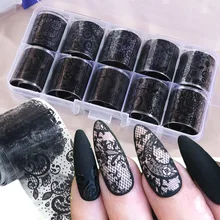 10 Rolls/Box White Black Lace Nail Art Foils Set Nail Transfer Sticker Paper DIY Manicure Nail Decoration Accessories