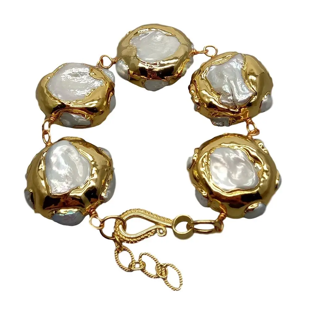 

Y · YING браслет из натурального пресноводного культивированного белого жемчуга Кеши с гальваническим покрытием золотого цвета 8,5 дюйма в стиле панк для женщин