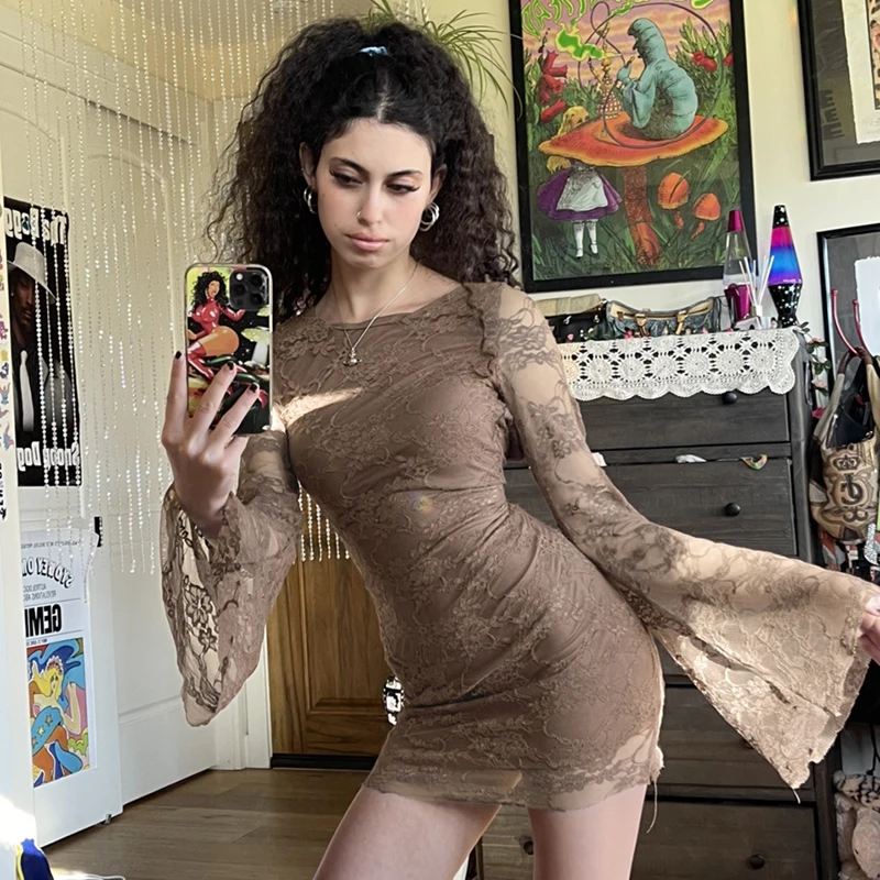 LEOSOXS Y2K Lace Dresses Women Solid Brown Vintage Kawaii Clothes Flared Sleeve Elegant Fashion Fairycore Grunge Bodycon Dress 
LEOSOXS Y2K Lace Dresses Women Solid Brown Vintage Kawaii Clothes Flared Sleeve Elegant Fashion Fairycore Grunge Bodycon Dress