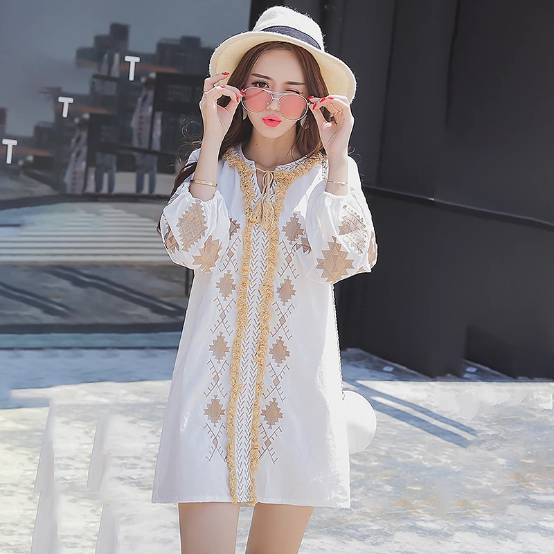 CHICEVER Dresses For Women Lace Up O Neck Puff Long Sleeve Embroidery Loose Women's Dress 2020 Casual Fashion Clothes 
CHICEVER Dresses For Women Lace Up O Neck Puff Long Sleeve Embroidery Loose Women's Dress 2020 Casual Fashion Clothes